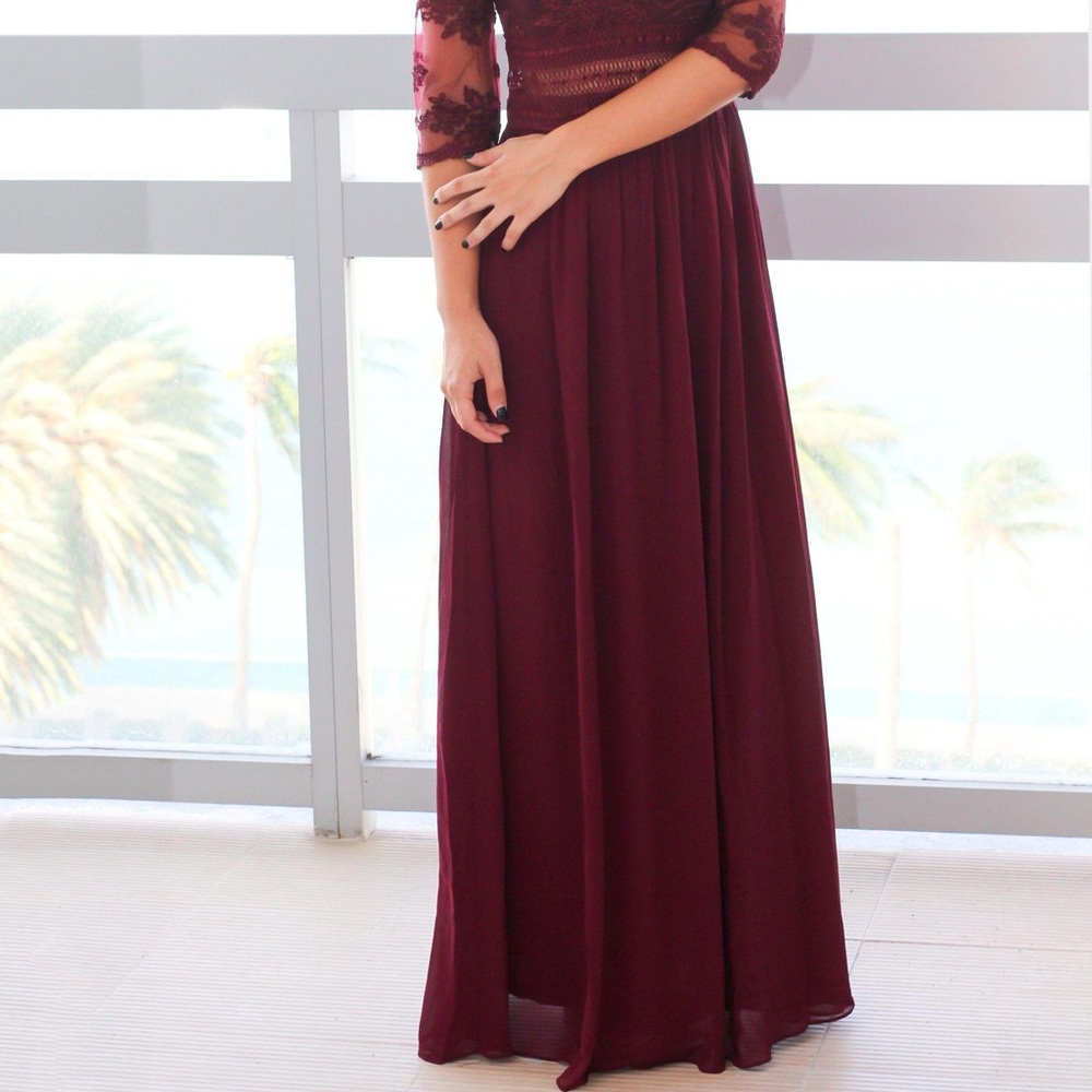 Wine V-Neck Maxi Dress w Mesh Embroidered Sleeves - Picture 2 of 3